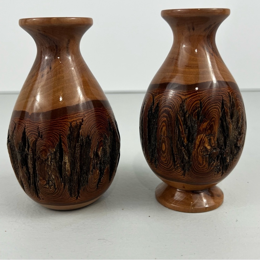 Pair of MCM Burled Bottle Brush Wood Vases